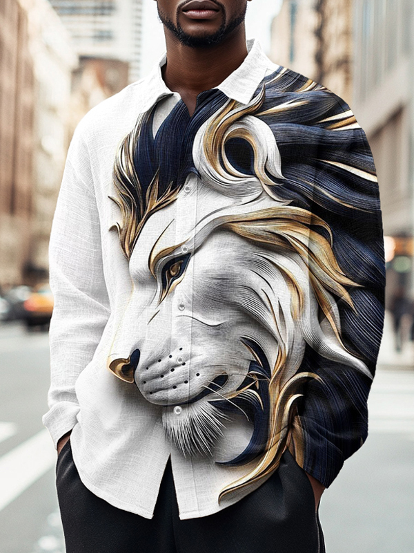 Men's Wild Lion Print Long Sleeve Shirt-Styleame