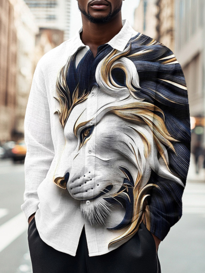 Men's Wild Lion Print Long Sleeve Shirt-Styleame