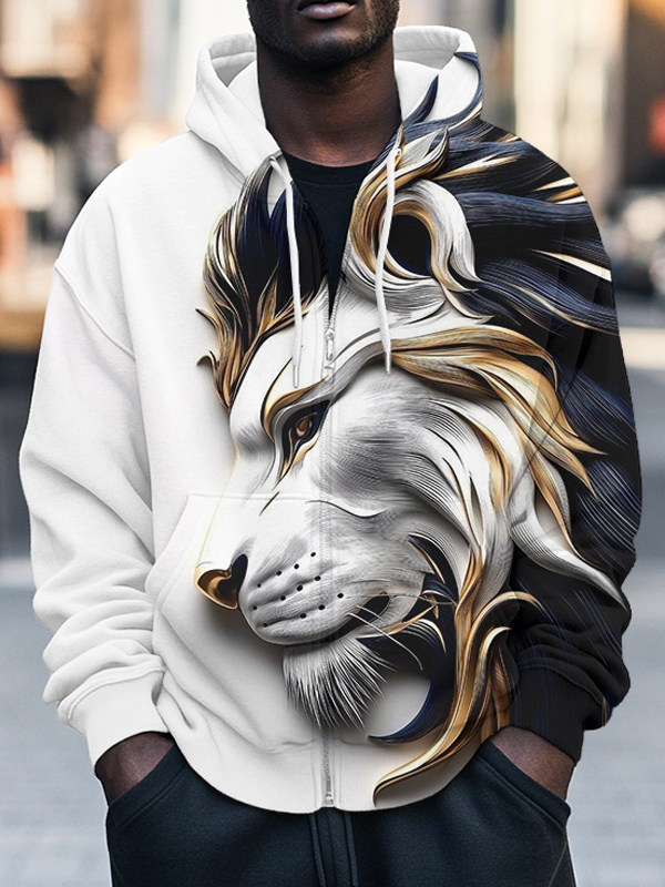Men's Wild Lion Print Hooded Zip Up Jacket-Styleame