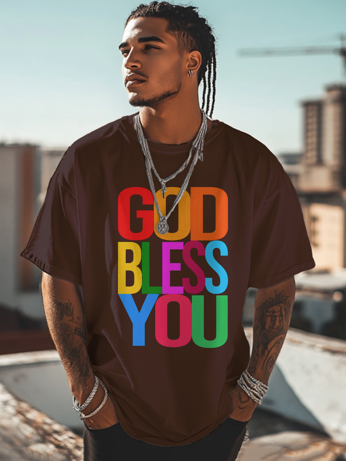 Men's God Bless You Print Cotton Casual T-Shirt-Styleame