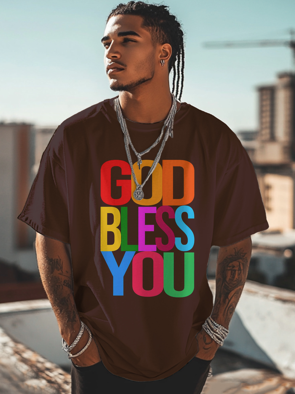 Men's God Bless You Print Cotton Casual T-Shirt-Styleame