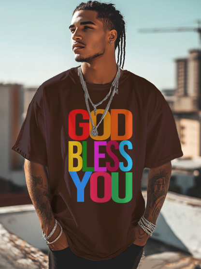 Men's God Bless You Print Cotton Casual T-Shirt-Styleame