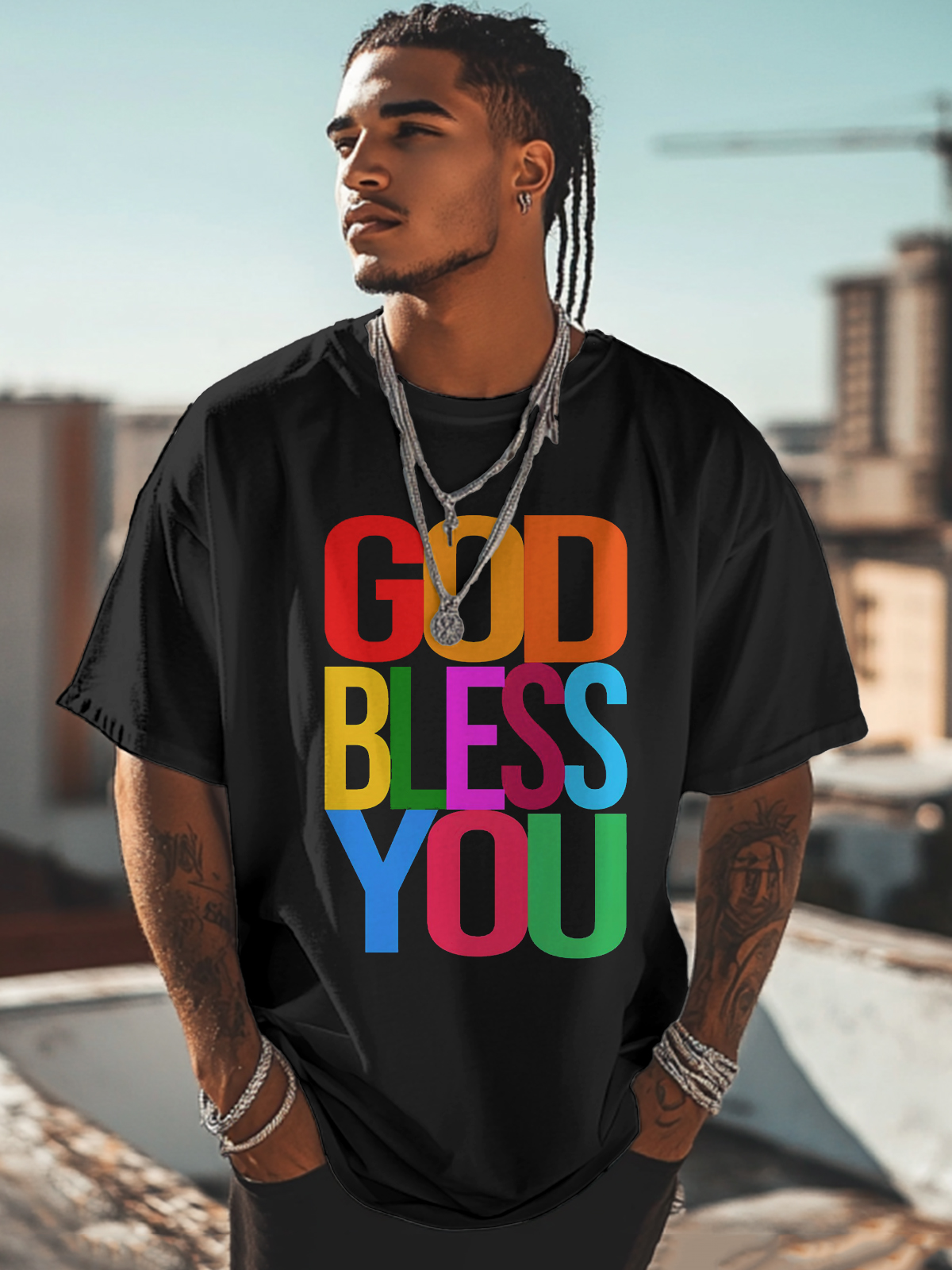 Men's God Bless You Print Cotton Casual T-Shirt-Styleame
