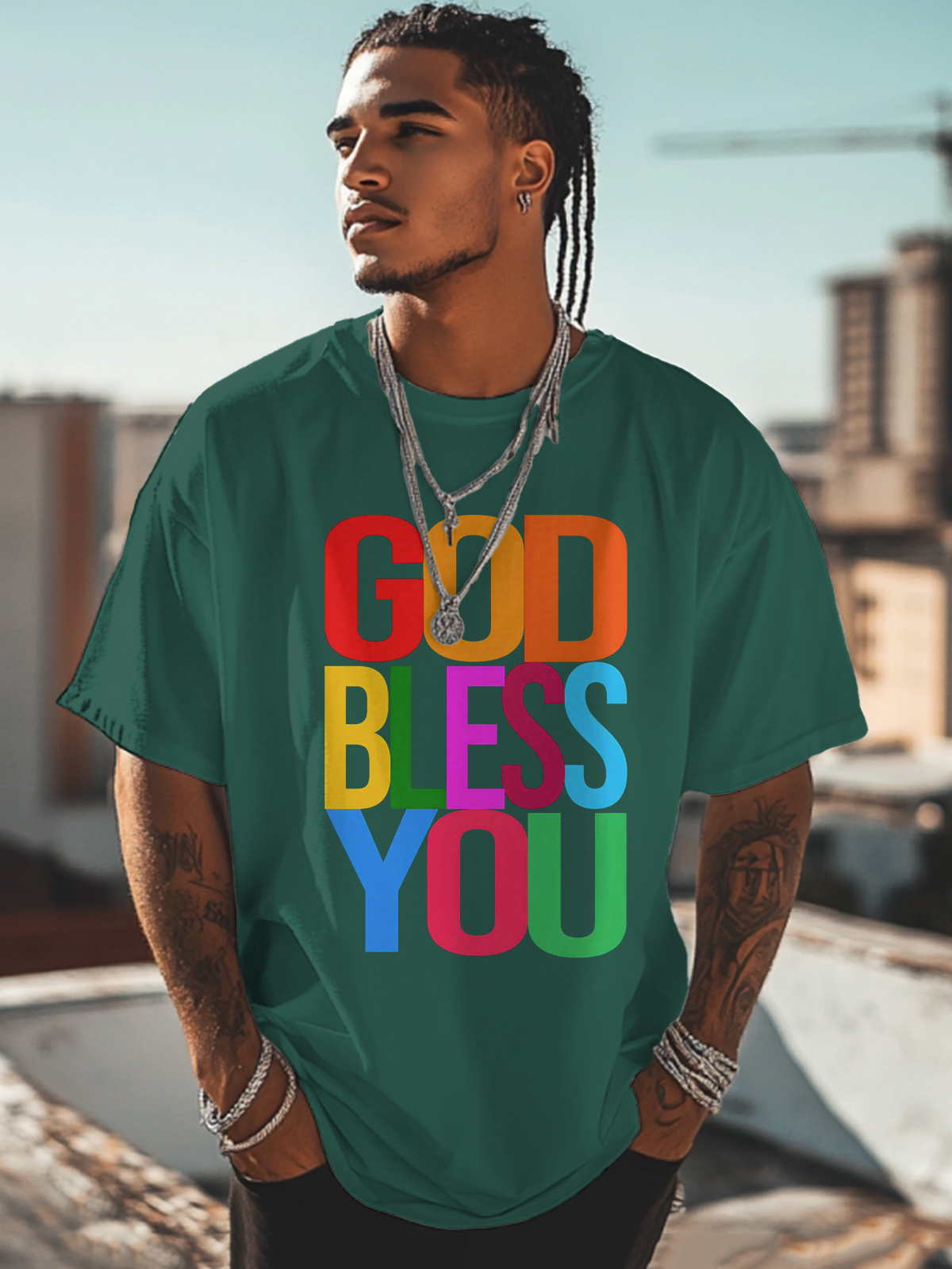 Men's God Bless You Print Cotton Casual T-Shirt-Styleame