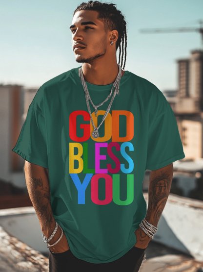 Men's God Bless You Print Cotton Casual T-Shirt-Styleame
