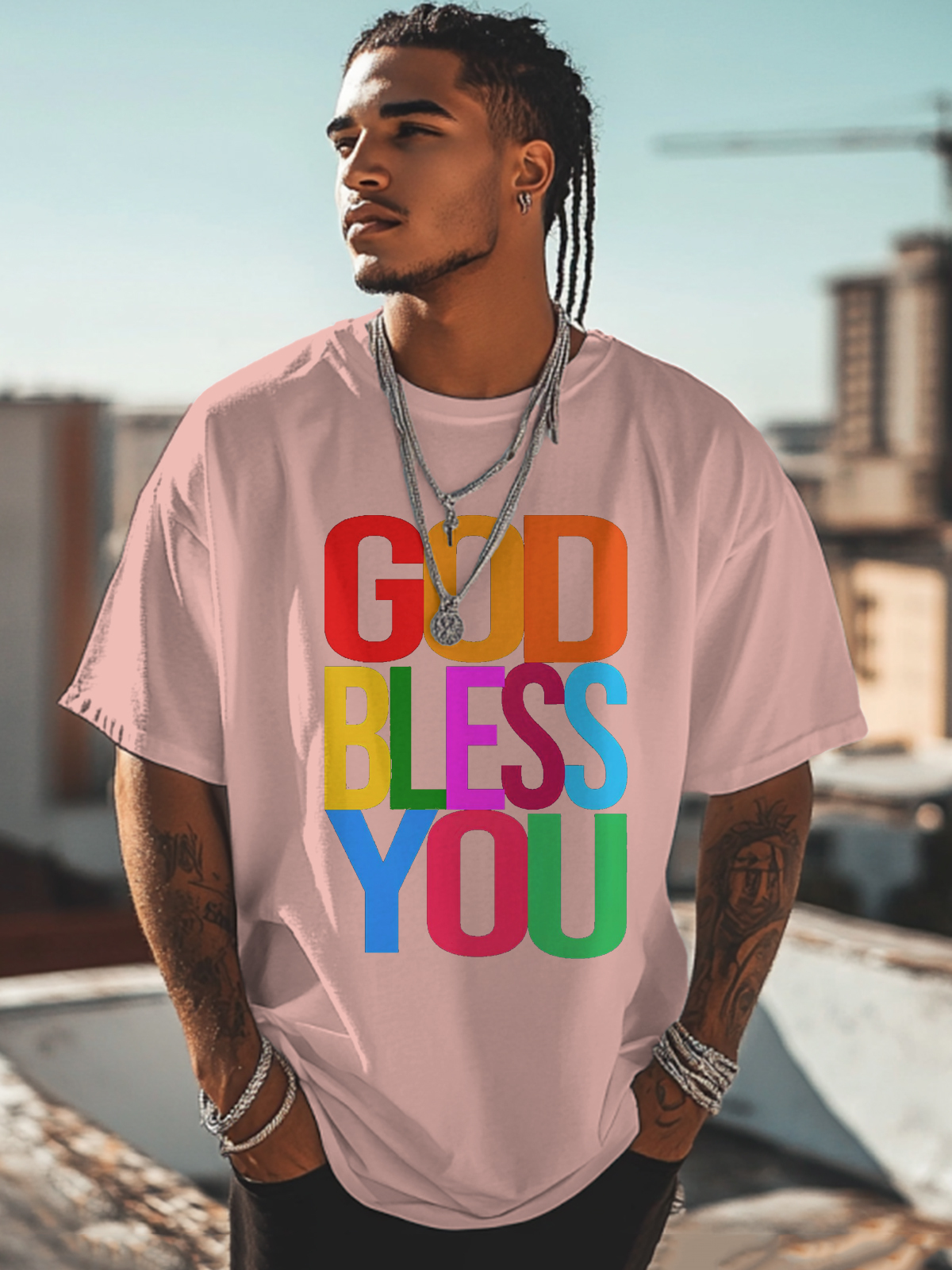 Men's God Bless You Print Cotton Casual T-Shirt-Styleame