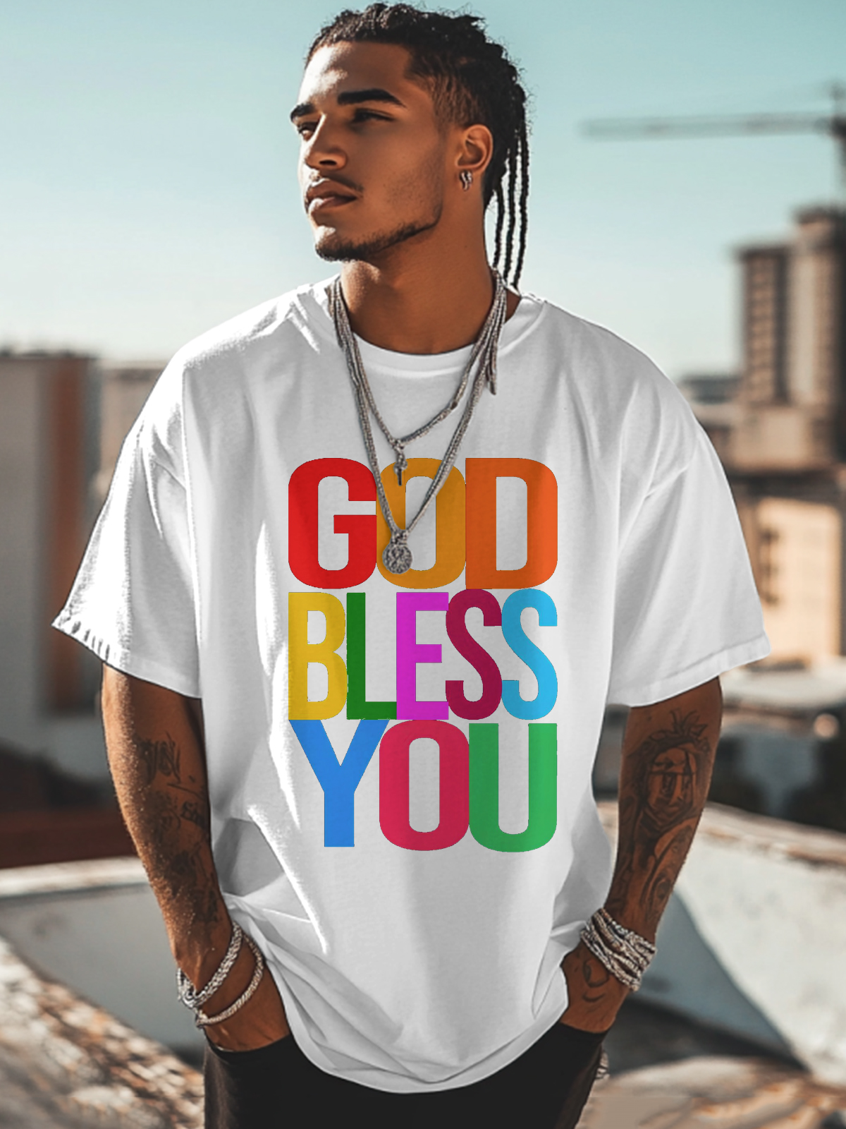 Men's God Bless You Print Cotton Casual T-Shirt-Styleame