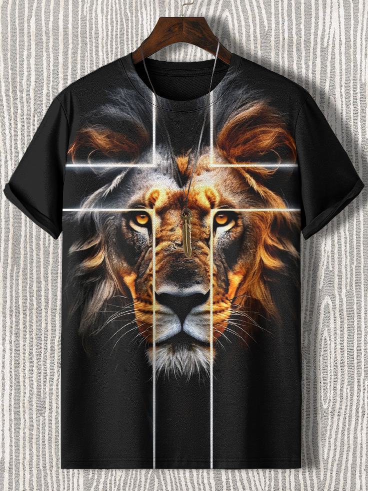 Men's Lion And Cross Print Casual T-Shirt-Styleame