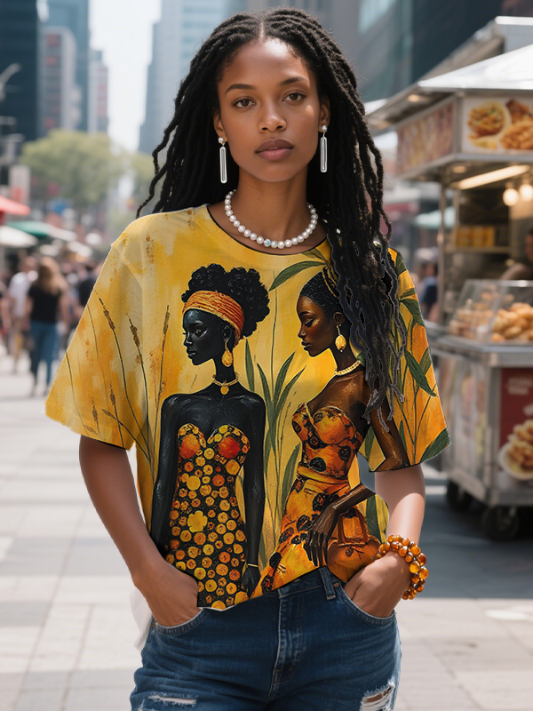 Women's Elegant African Woman Art Print Casual T-Shirt-Styleame