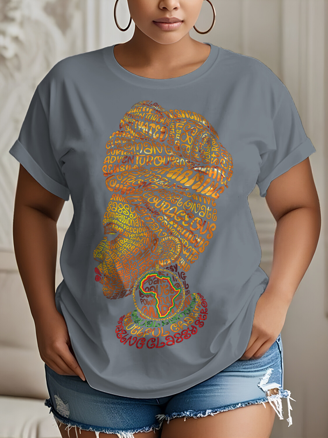 Women's Letter Woman Abstract Africa Map Print Cotton Casual T-Shirt-Styleame