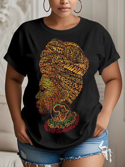 Women's Letter Woman Abstract Africa Map Print Cotton Casual T-Shirt-Styleame