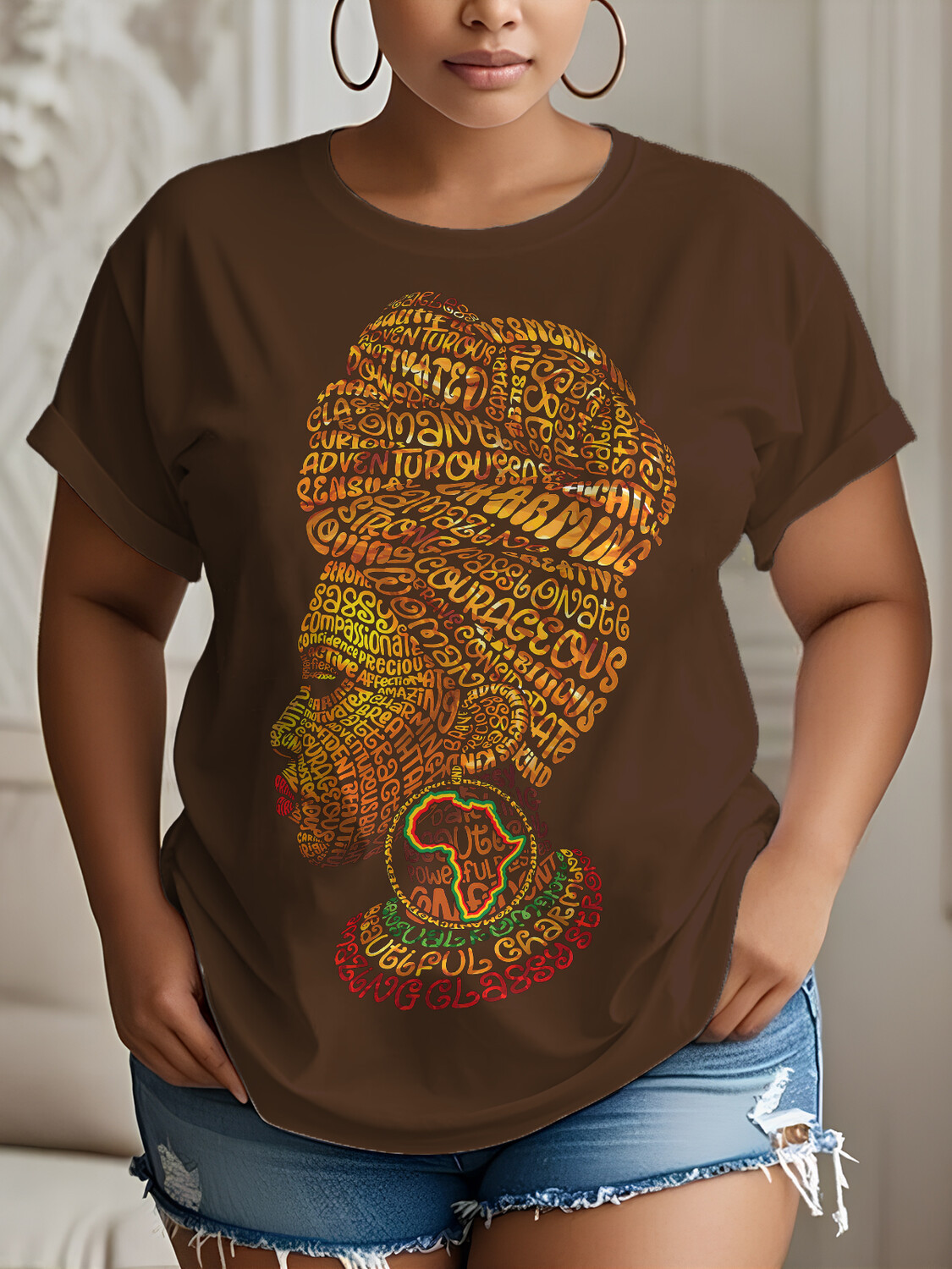 Women's Letter Woman Abstract Africa Map Print Cotton Casual T-Shirt-Styleame