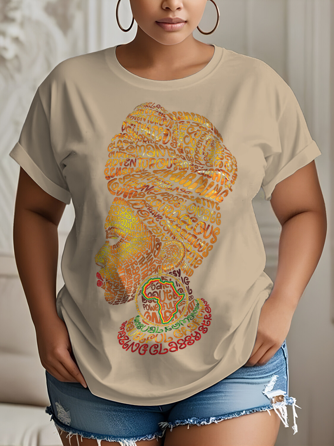 Women's Letter Woman Abstract Africa Map Print Cotton Casual T-Shirt-Styleame