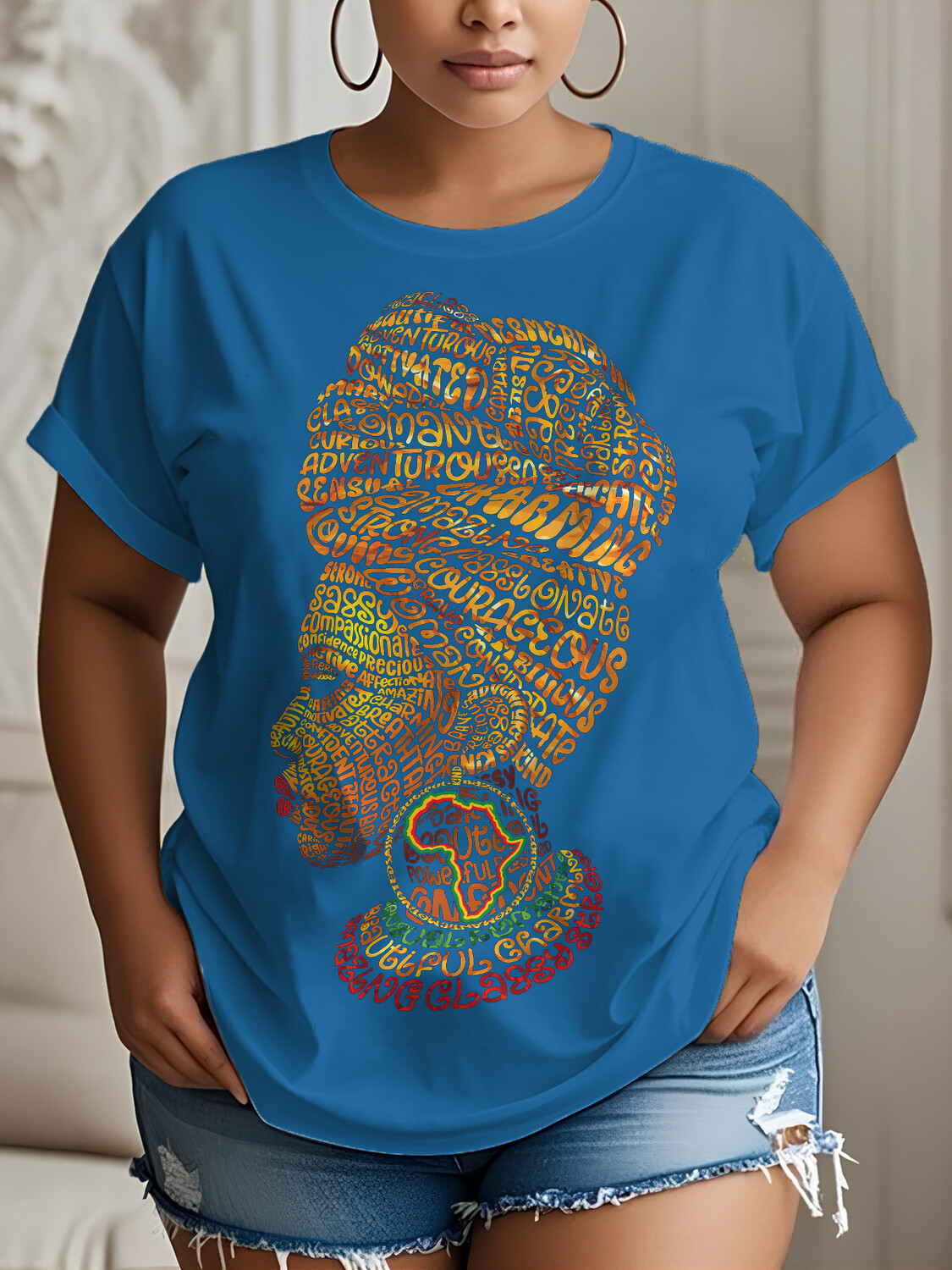 Women's Letter Woman Abstract Africa Map Print Cotton Casual T-Shirt-Styleame