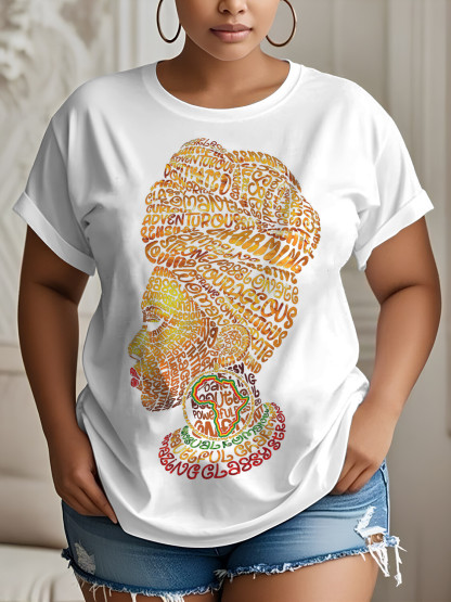 Women's Letter Woman Abstract Africa Map Print Cotton Casual T-Shirt-Styleame