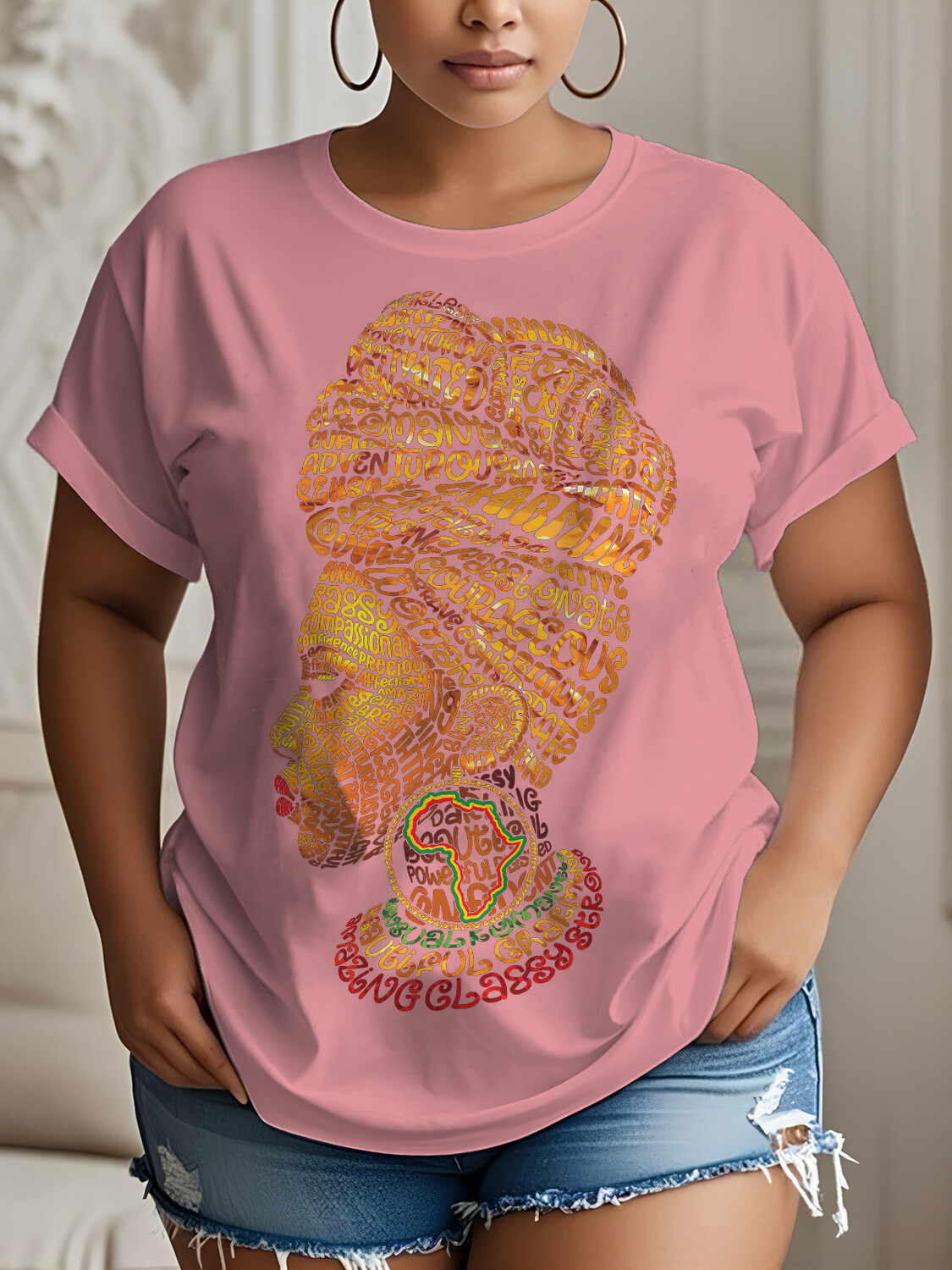 Women's Letter Woman Abstract Africa Map Print Cotton Casual T-Shirt-Styleame