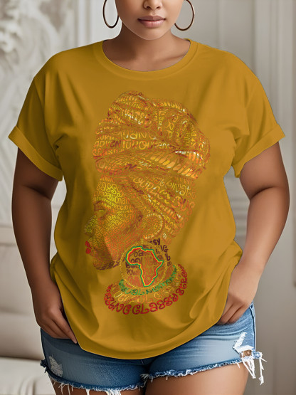 Women's Letter Woman Abstract Africa Map Print Cotton Casual T-Shirt-Styleame