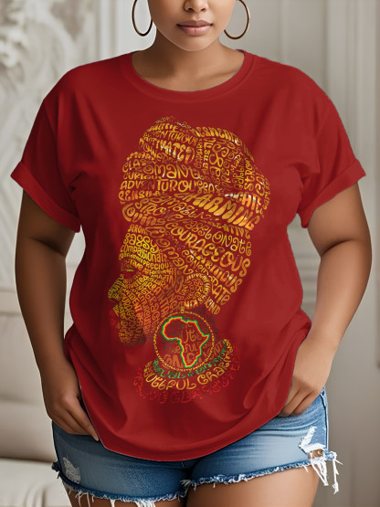 Women's Letter Woman Abstract Africa Map Print Cotton Casual T-Shirt-Styleame