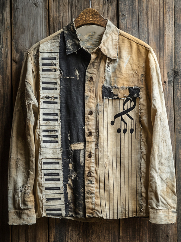 Men's Piano Key Music Note Patchwork Art Print Long Sleeve Shirt-Styleame
