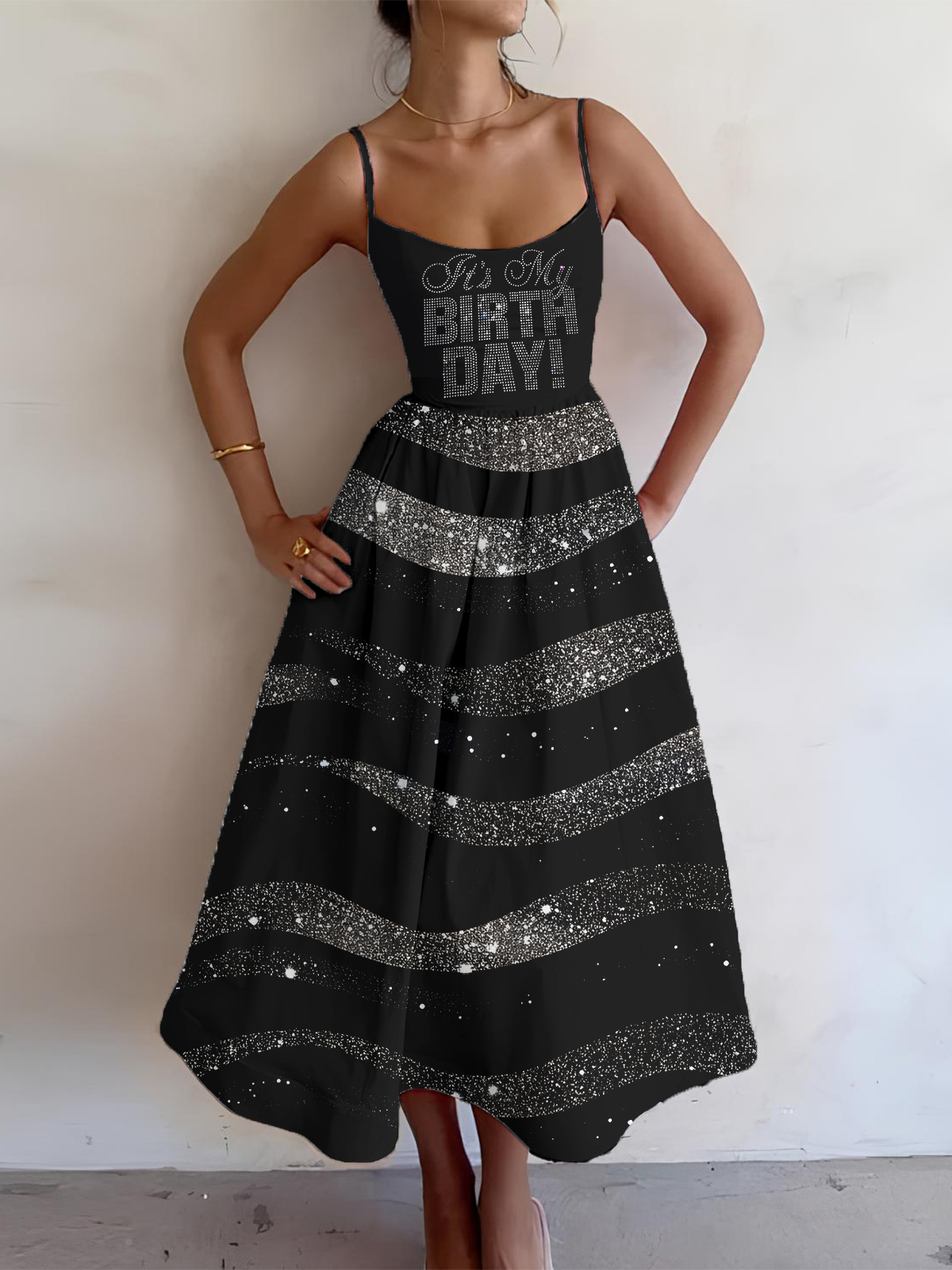Women's Fashion Retro Rhinestone It's My Birthday Print Cami Midi Dress-Styleame
