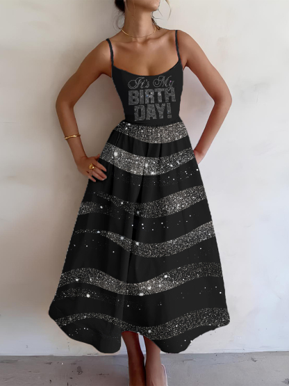 Women's Fashion Retro Rhinestone It's My Birthday Print Cami Midi Dress-Styleame