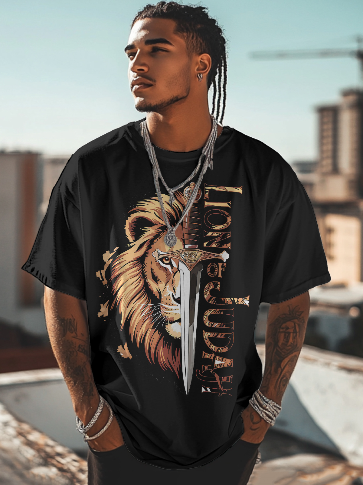 Men's Lion Of Judah Print Cotton Casual T-Shirt-Styleame