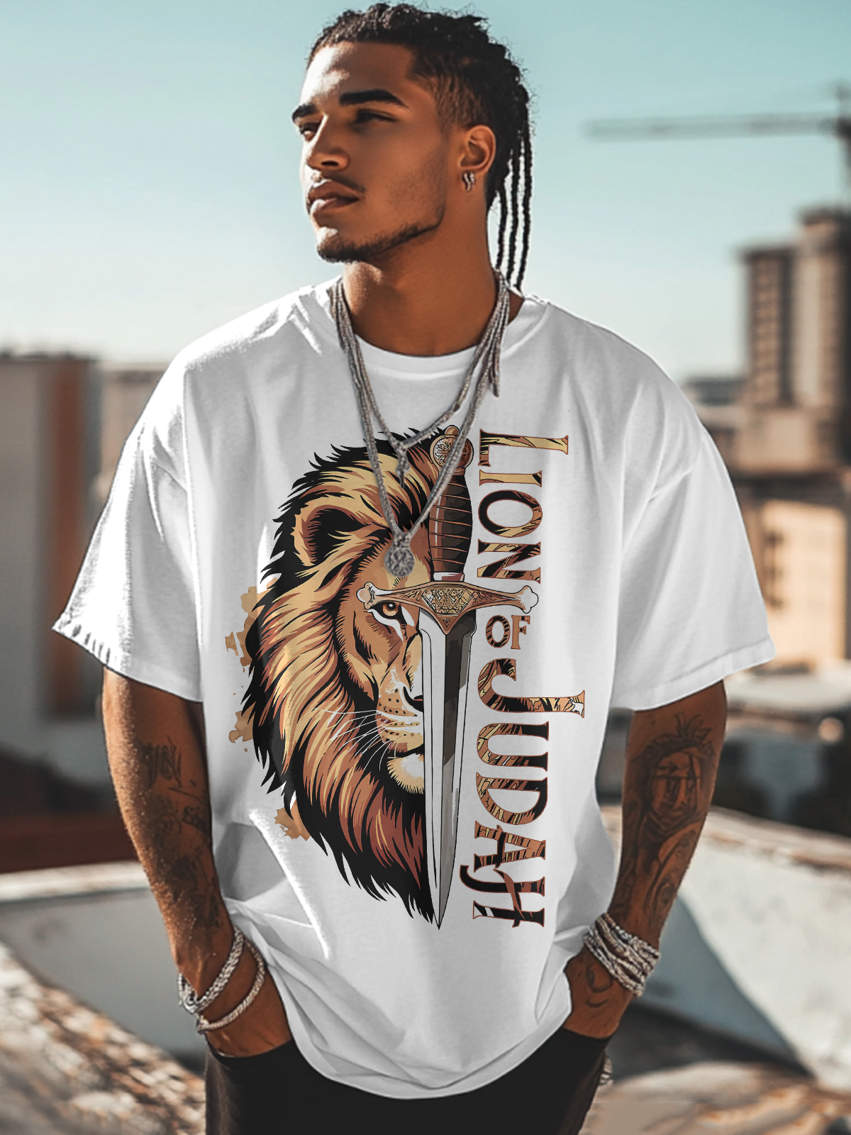 Men's Lion Of Judah Print Cotton Casual T-Shirt-Styleame