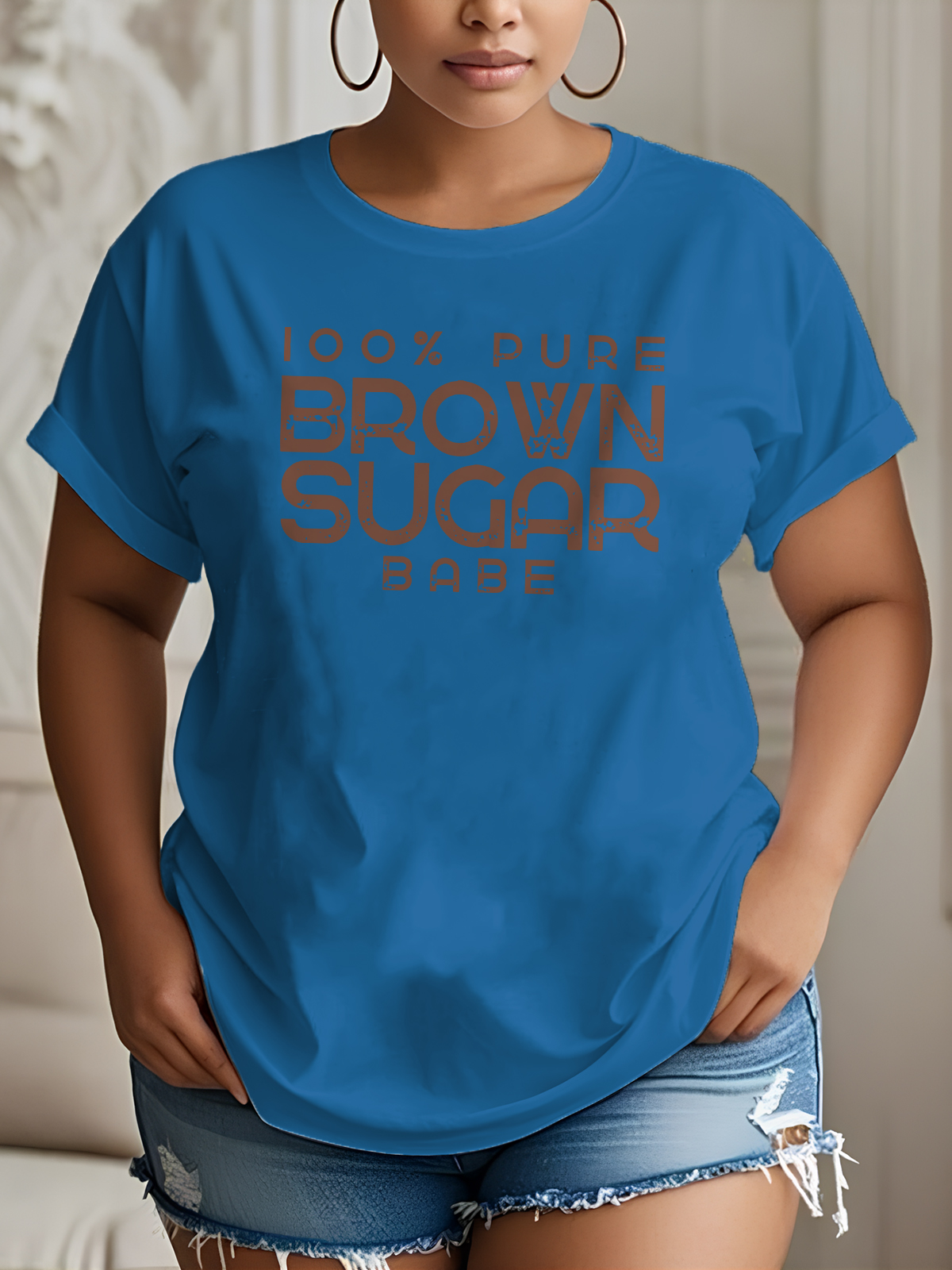 Women's 100% Pure Brown Sugar Print Cotton Casual T-Shirt-Styleame