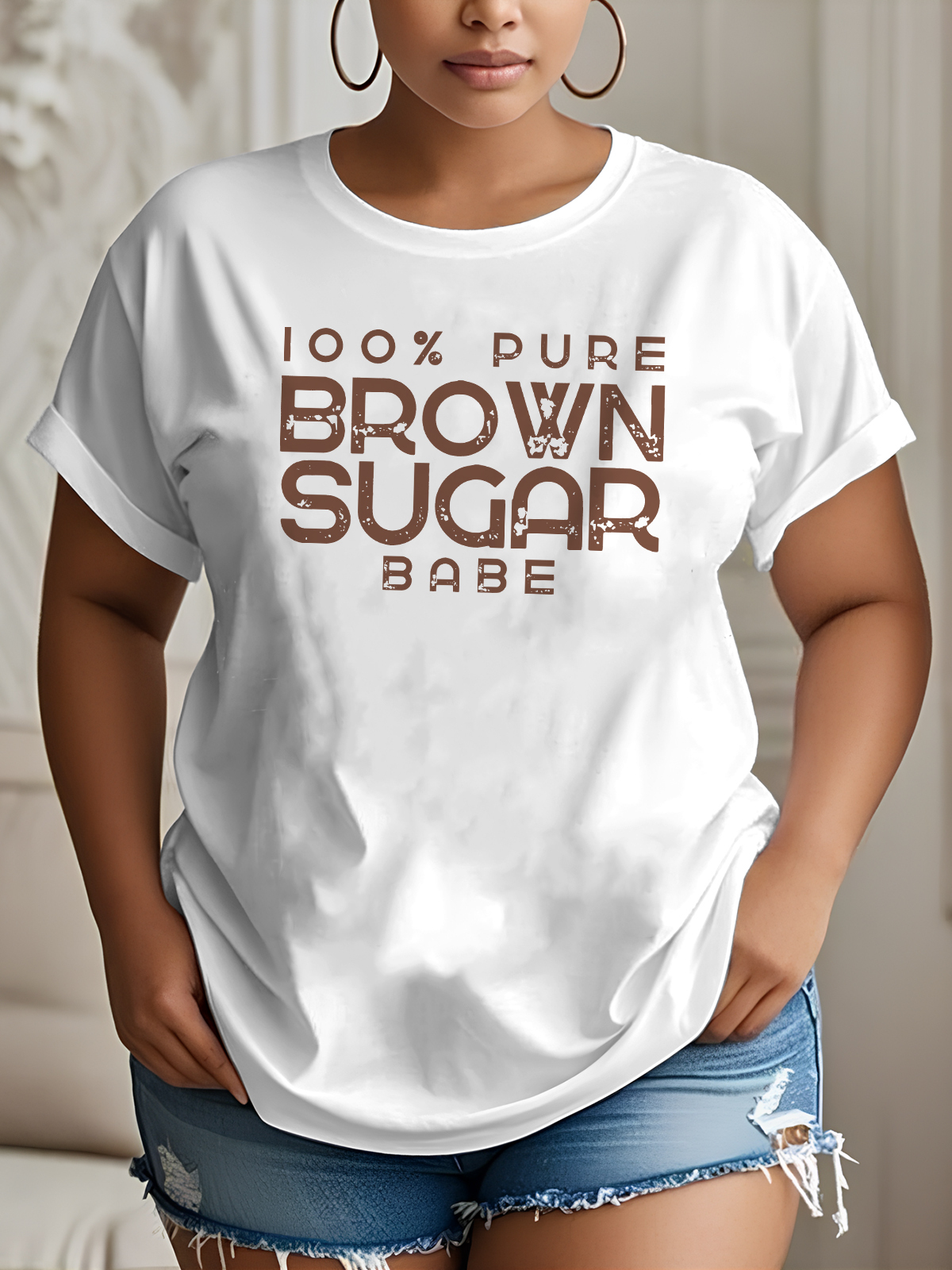Women's 100% Pure Brown Sugar Print Cotton Casual T-Shirt-Styleame