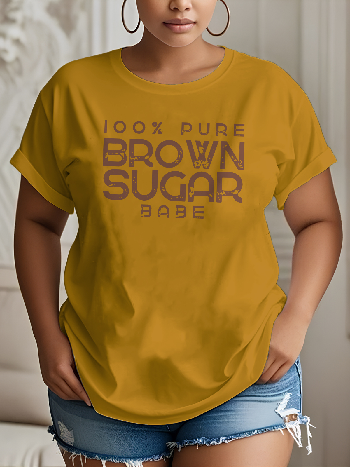Women's 100% Pure Brown Sugar Print Cotton Casual T-Shirt-Styleame
