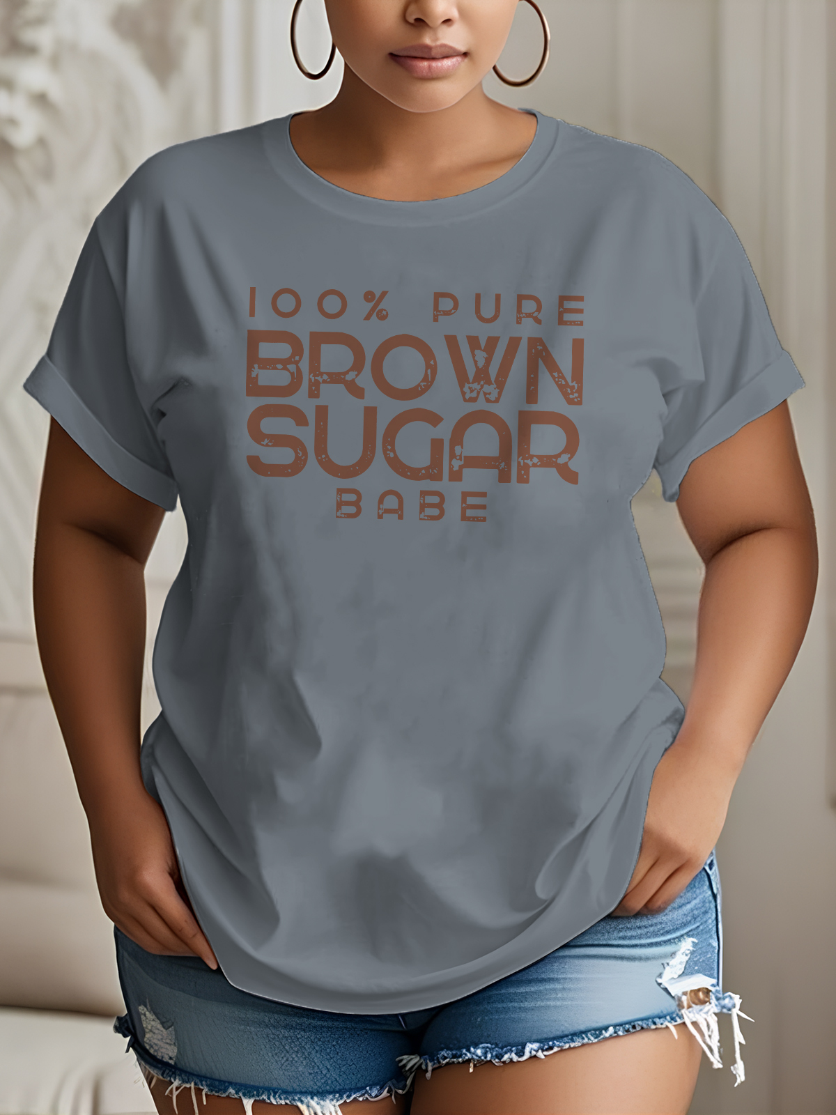 Women's 100% Pure Brown Sugar Print Cotton Casual T-Shirt-Styleame