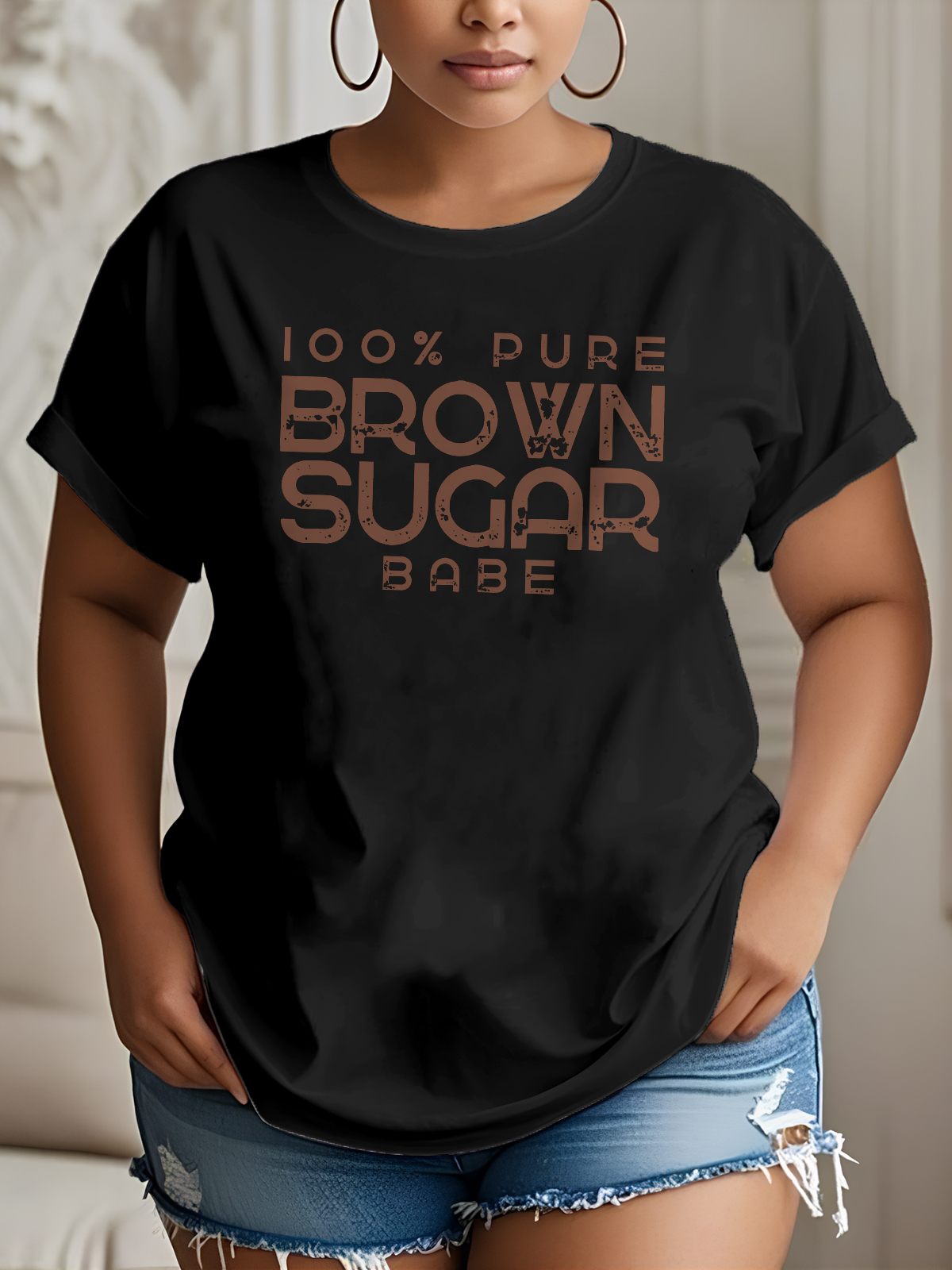 Women's 100% Pure Brown Sugar Print Cotton Casual T-Shirt-Styleame