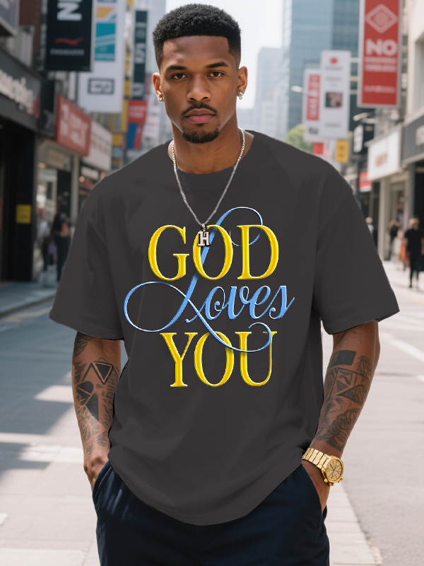 Men's God Loves You Print Cotton Casual T-Shirt-Styleame