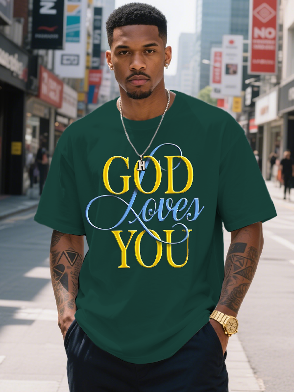 Men's God Loves You Print Cotton Casual T-Shirt-Styleame