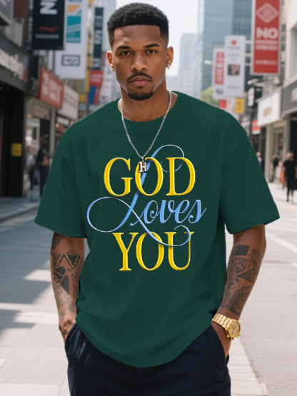 Men's God Loves You Print Cotton Casual T-Shirt-Styleame