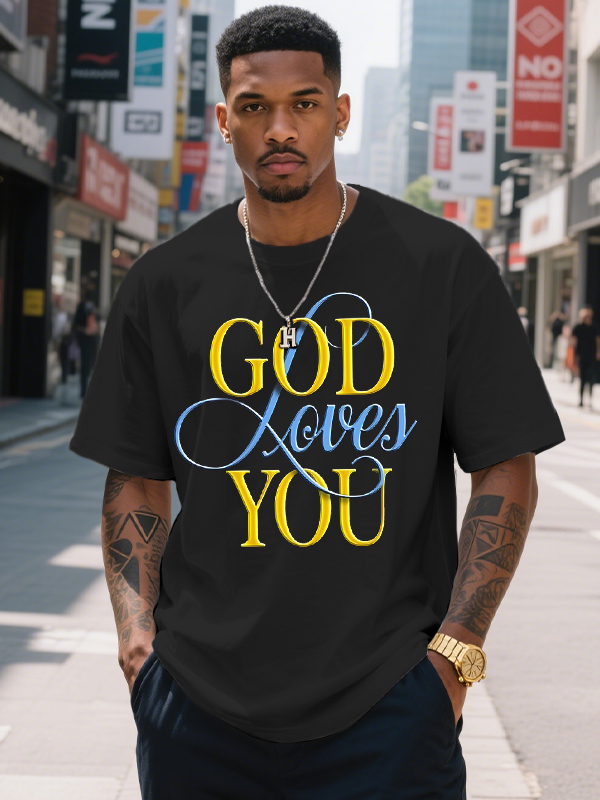 Men's God Loves You Print Cotton Casual T-Shirt-Styleame