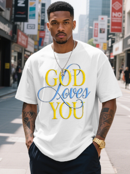 Men's God Loves You Print Cotton Casual T-Shirt-Styleame