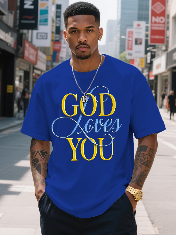 Men's God Loves You Print Cotton Casual T-Shirt-Styleame