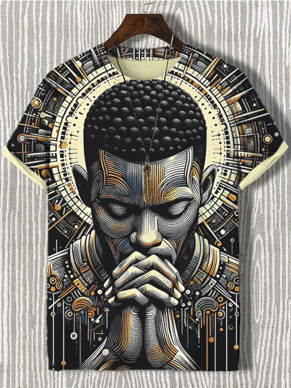 Men's Devout Black Prayer Geometric Art Print Casual T-Shirt-Styleame