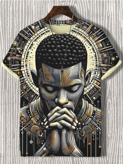 Men's Devout Black Prayer Geometric Art Print Casual T-Shirt-Styleame