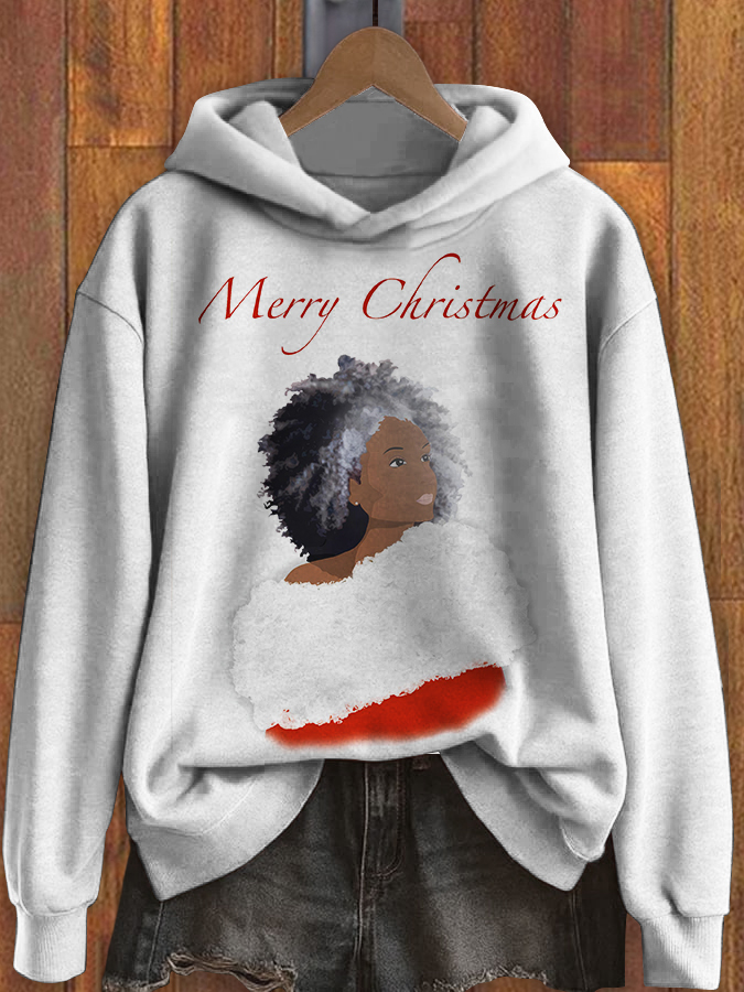 Women's Black Girl Merry Christmas Print Hoodie-Styleame