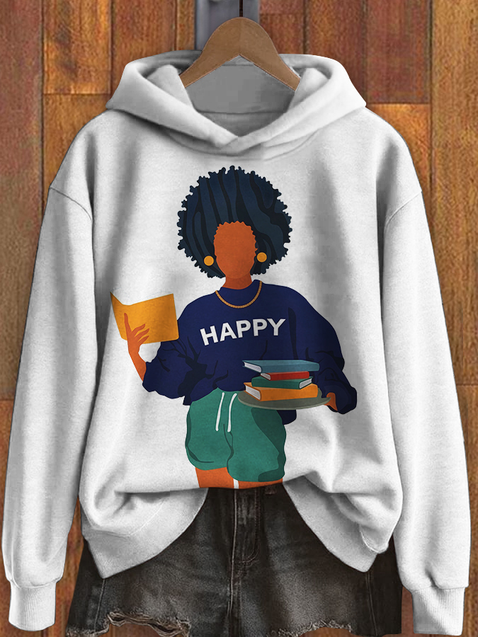 Women's Black Girl Reading Lover Print Hoodie-Styleame