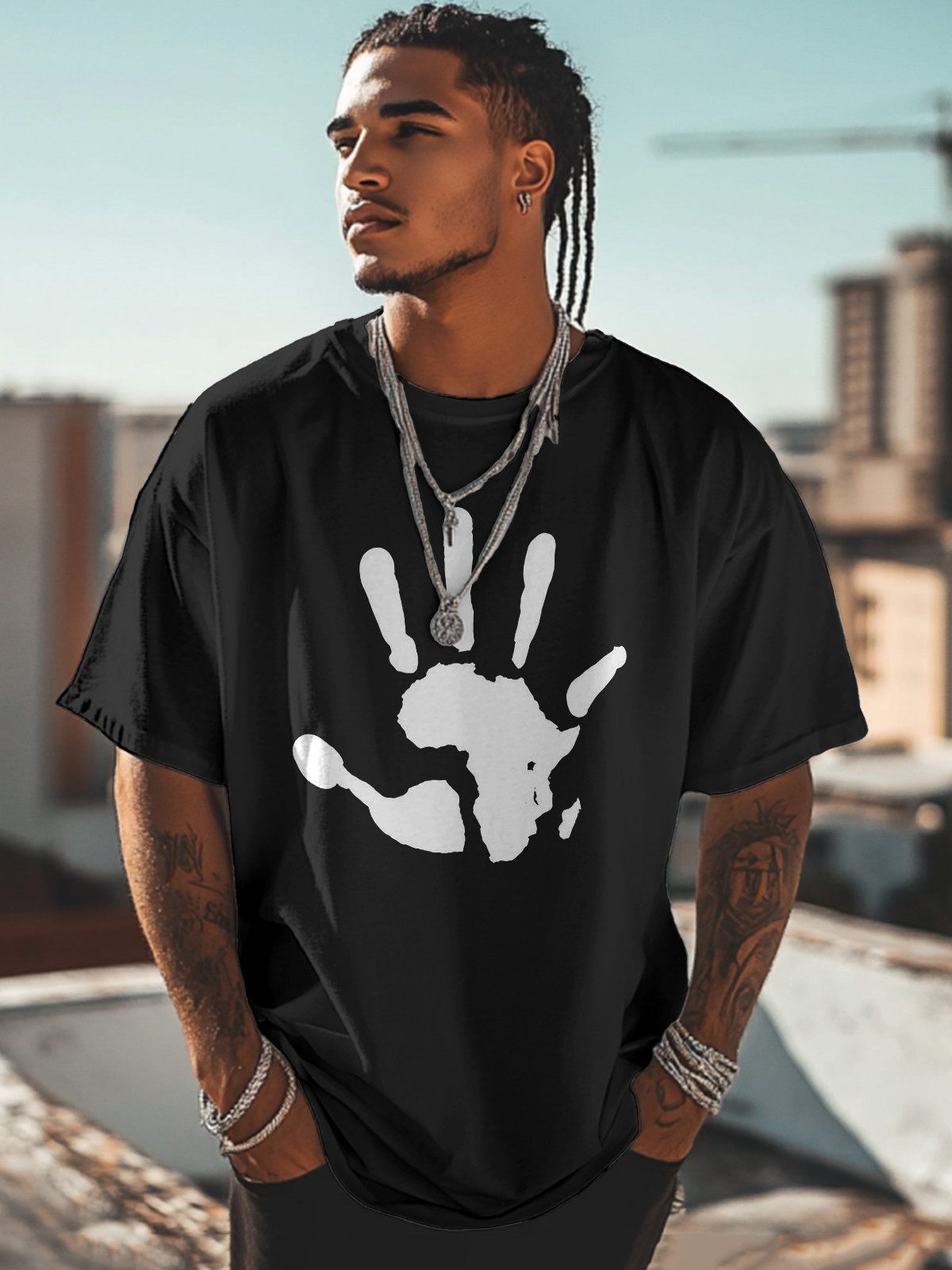 Men's Palm African Map Pattern Cotton Casual T-Shirt-Styleame