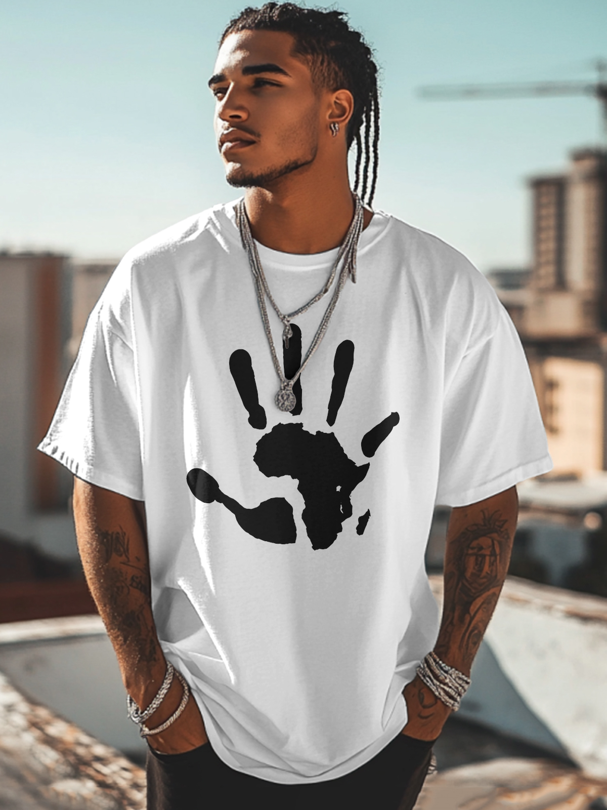 Men's Palm African Map Pattern Cotton Casual T-Shirt-Styleame