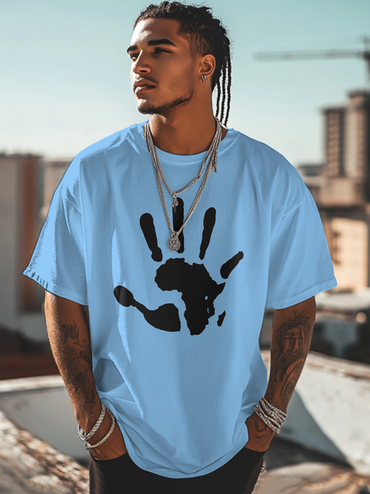 Men's Palm African Map Pattern Cotton Casual T-Shirt-Styleame