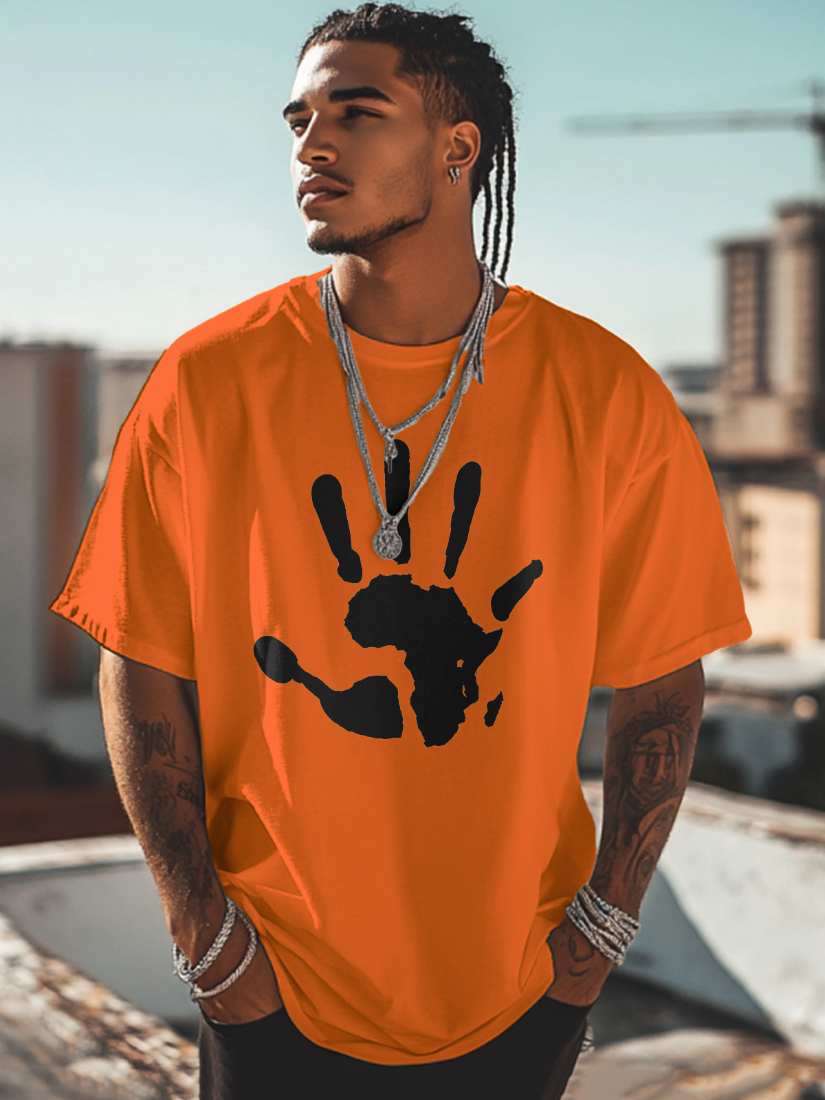 Men's Palm African Map Pattern Cotton Casual T-Shirt-Styleame