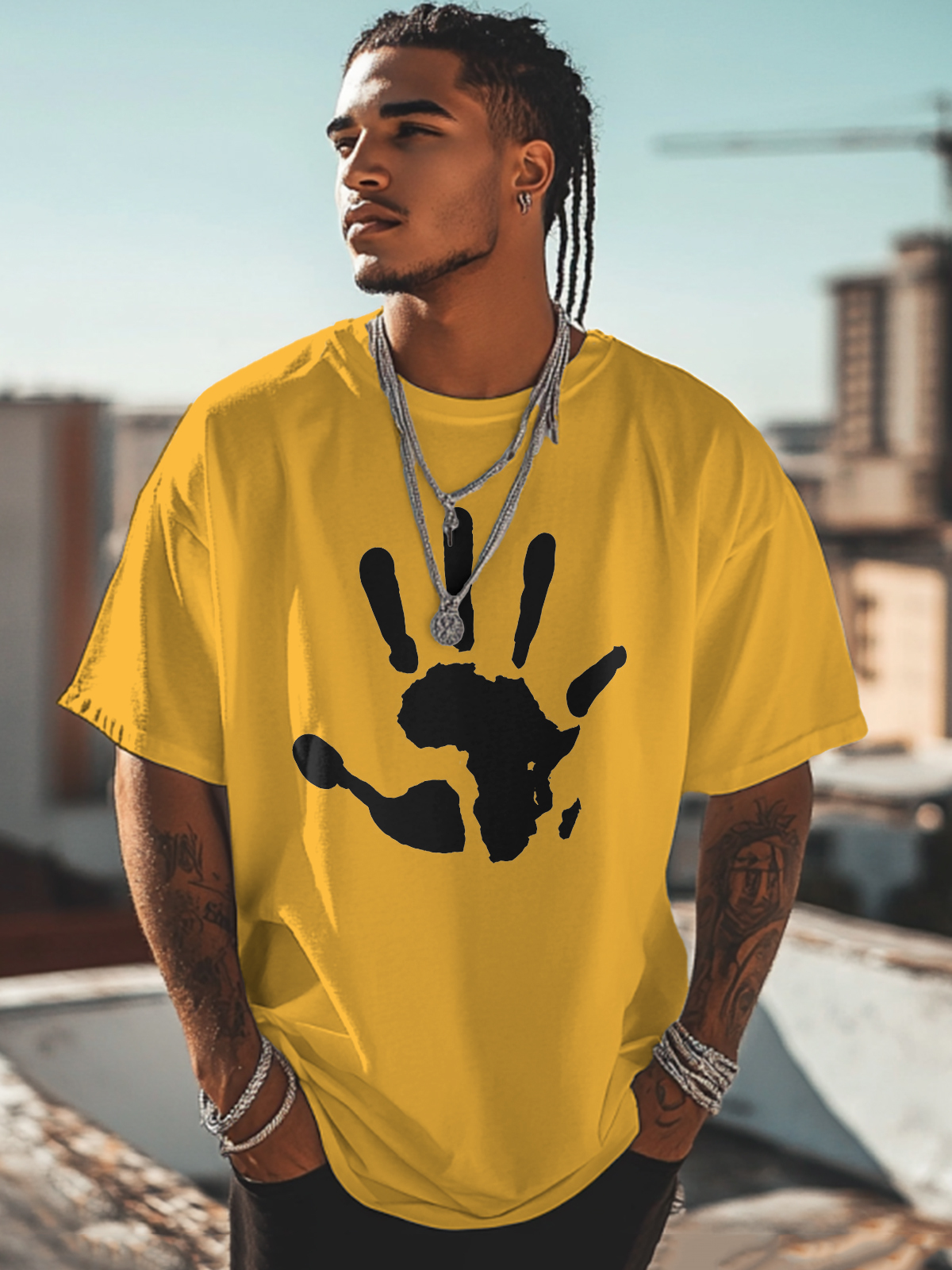 Men's Palm African Map Pattern Cotton Casual T-Shirt-Styleame