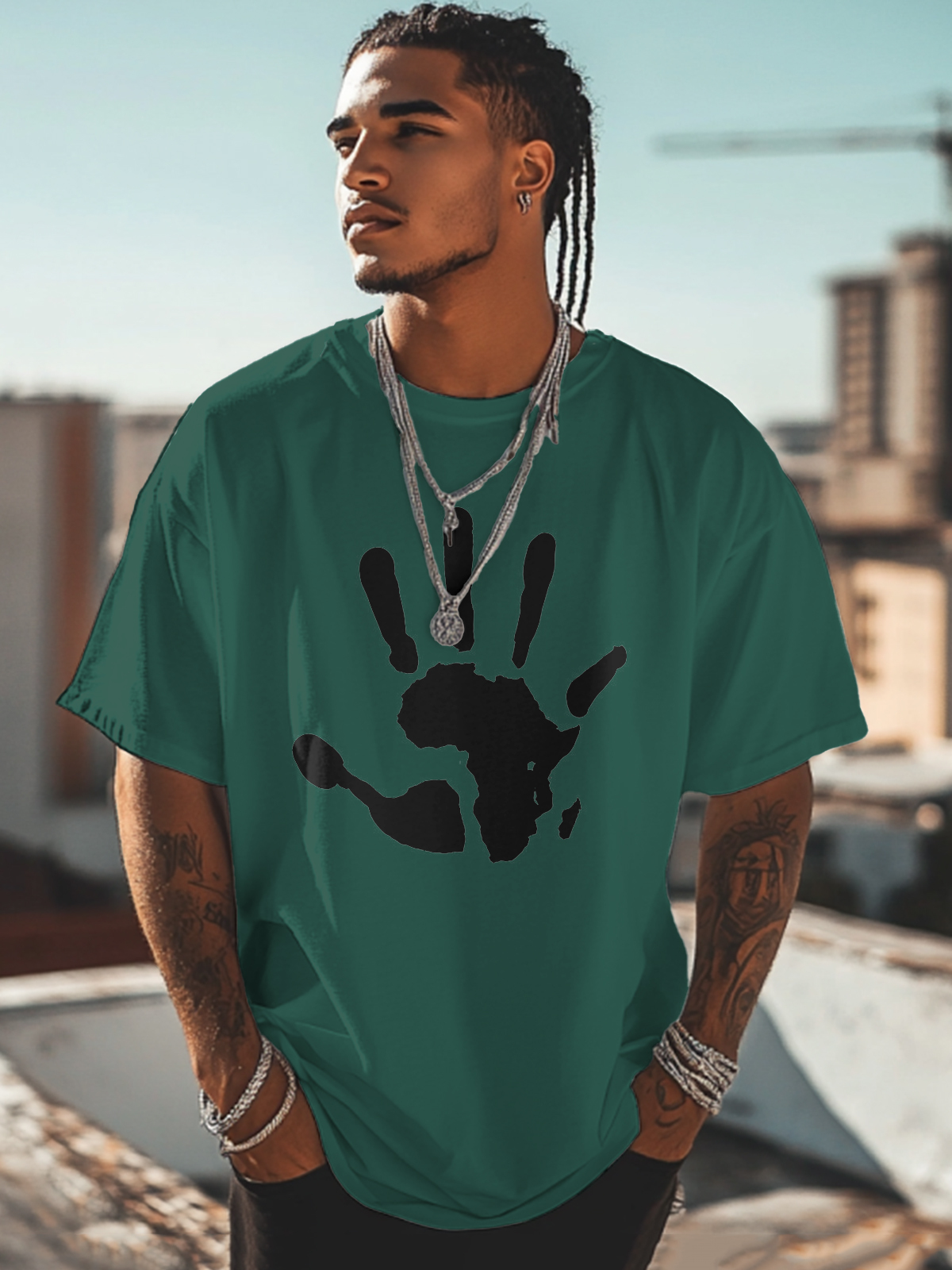 Men's Palm African Map Pattern Cotton Casual T-Shirt-Styleame