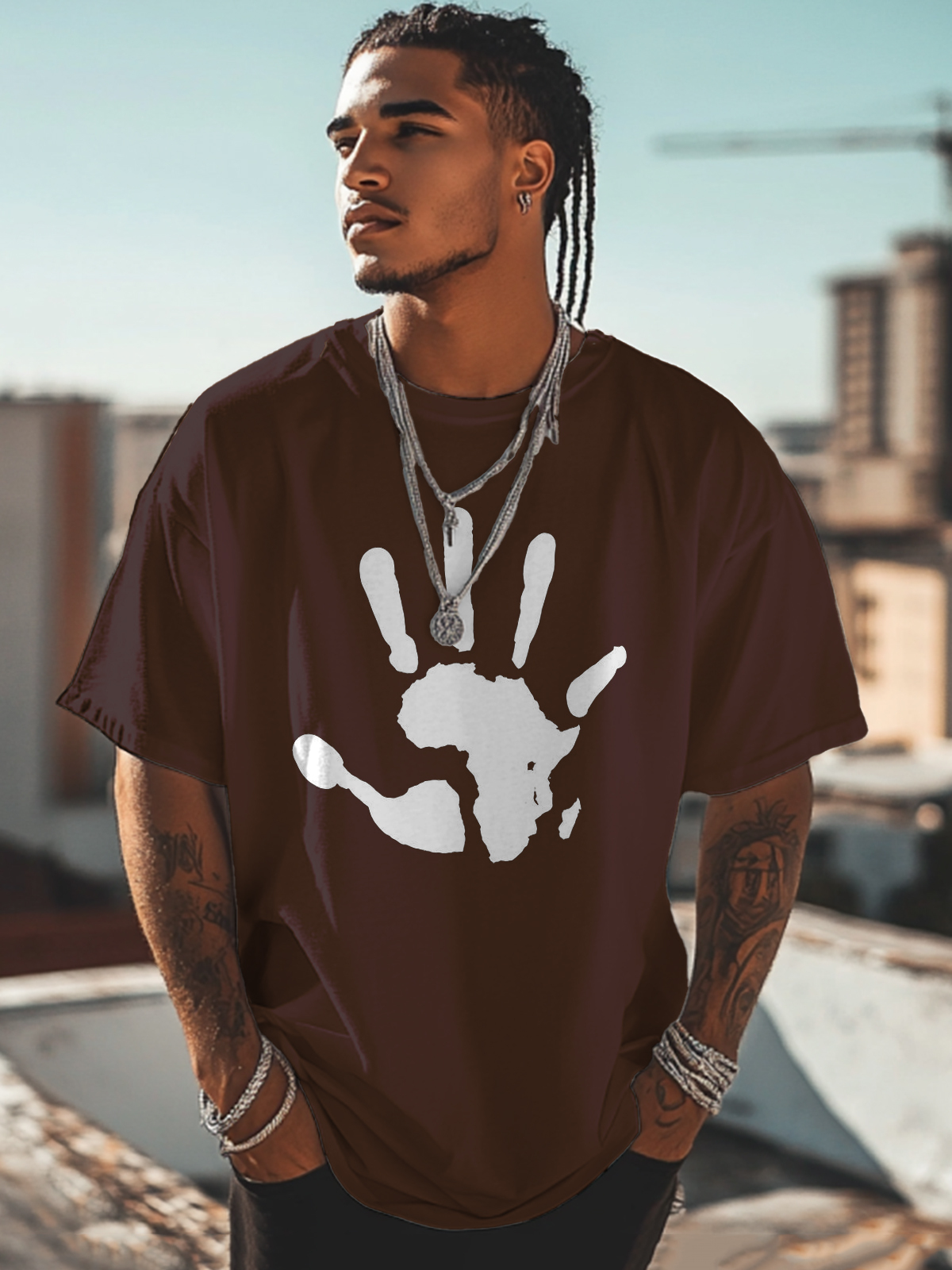 Men's Palm African Map Pattern Cotton Casual T-Shirt-Styleame