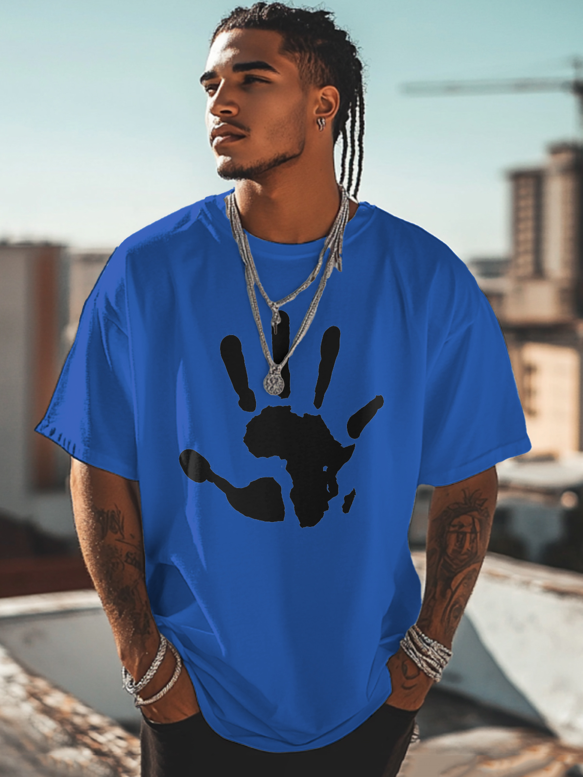 Men's Palm African Map Pattern Cotton Casual T-Shirt-Styleame